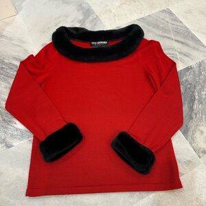 Nina Leonard Women’s Red Sweater with Black Fuzzy Trim Valentine Chic Size Small